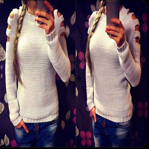 Women's Casual Sweet O-neck Long Hollow Sleeve Pullover Knitwear Sweater Tops