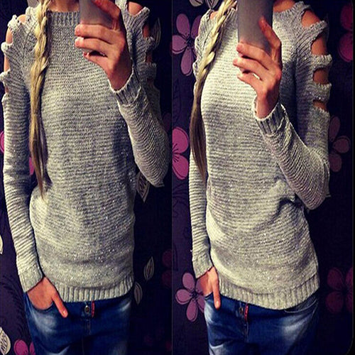 Women's Casual Sweet O-neck Long Hollow Sleeve Pullover Knitwear Sweater Tops