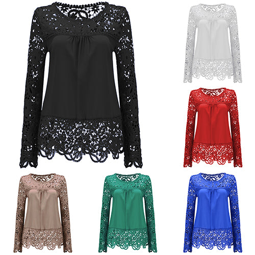 Women Fashion Lace Long Sleeve T-shirt Sexy See-through Crochet Blouse Top