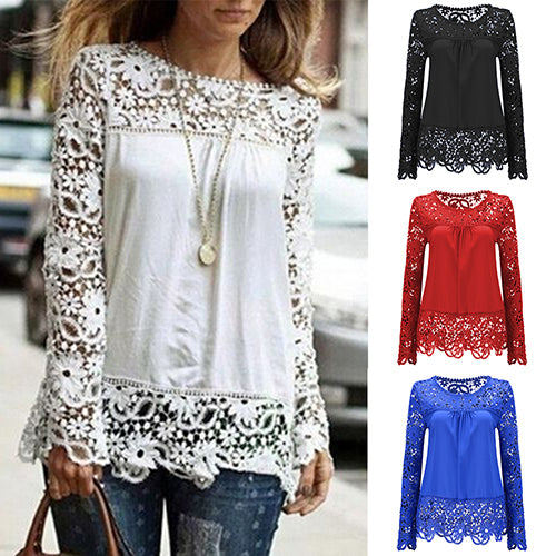 Women Fashion Lace Long Sleeve T-shirt Sexy See-through Crochet Blouse Top