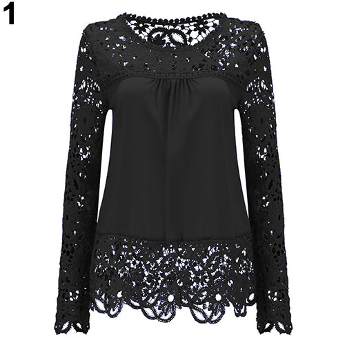 Women Fashion Lace Long Sleeve T-shirt Sexy See-through Crochet Blouse Top