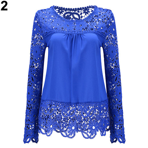 Women Fashion Lace Long Sleeve T-shirt Sexy See-through Crochet Blouse Top