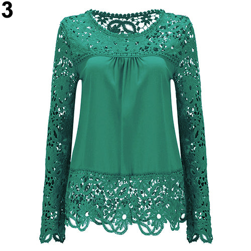 Women Fashion Lace Long Sleeve T-shirt Sexy See-through Crochet Blouse Top