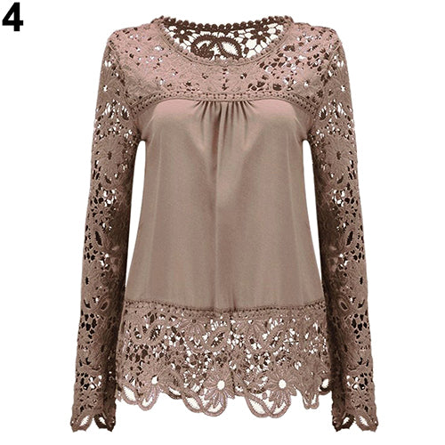 Women Fashion Lace Long Sleeve T-shirt Sexy See-through Crochet Blouse Top
