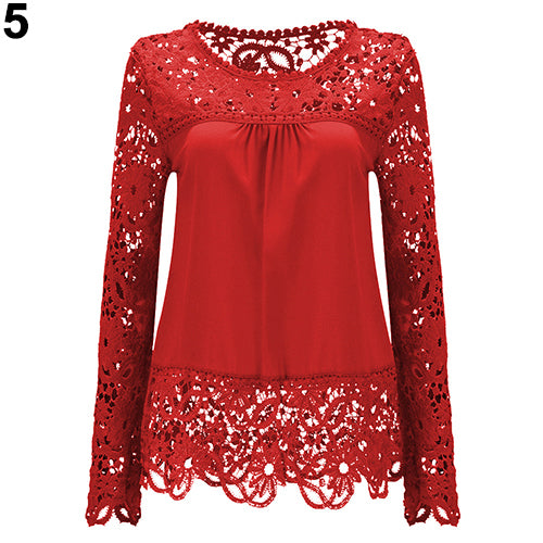 Women Fashion Lace Long Sleeve T-shirt Sexy See-through Crochet Blouse Top