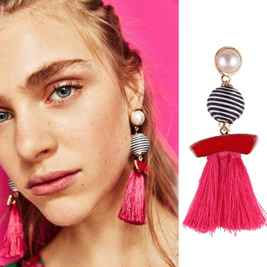 Ethnic Tassel Imitation Pearl Dangle Long Statement Earrings Cocktail Jewelry