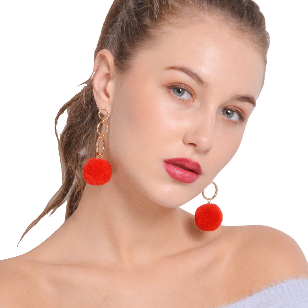 Women Fashion Copper Circles Polyester Plush Ball Long Dangle Earrings Eardrops
