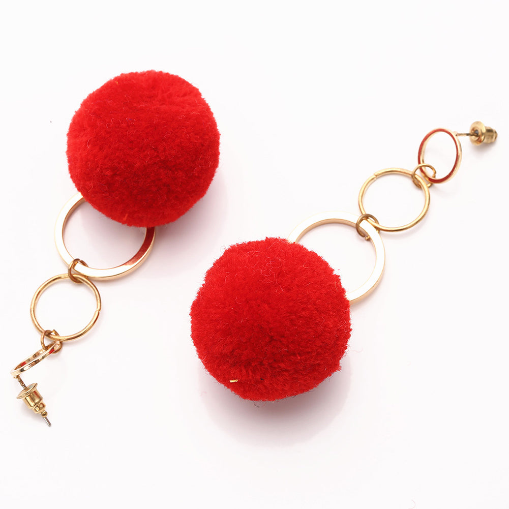 Women Fashion Copper Circles Polyester Plush Ball Long Dangle Earrings Eardrops