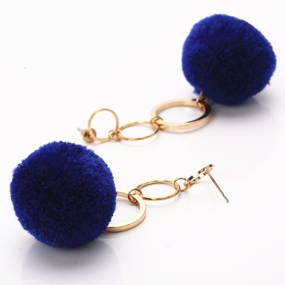 Women Fashion Copper Circles Polyester Plush Ball Long Dangle Earrings Eardrops