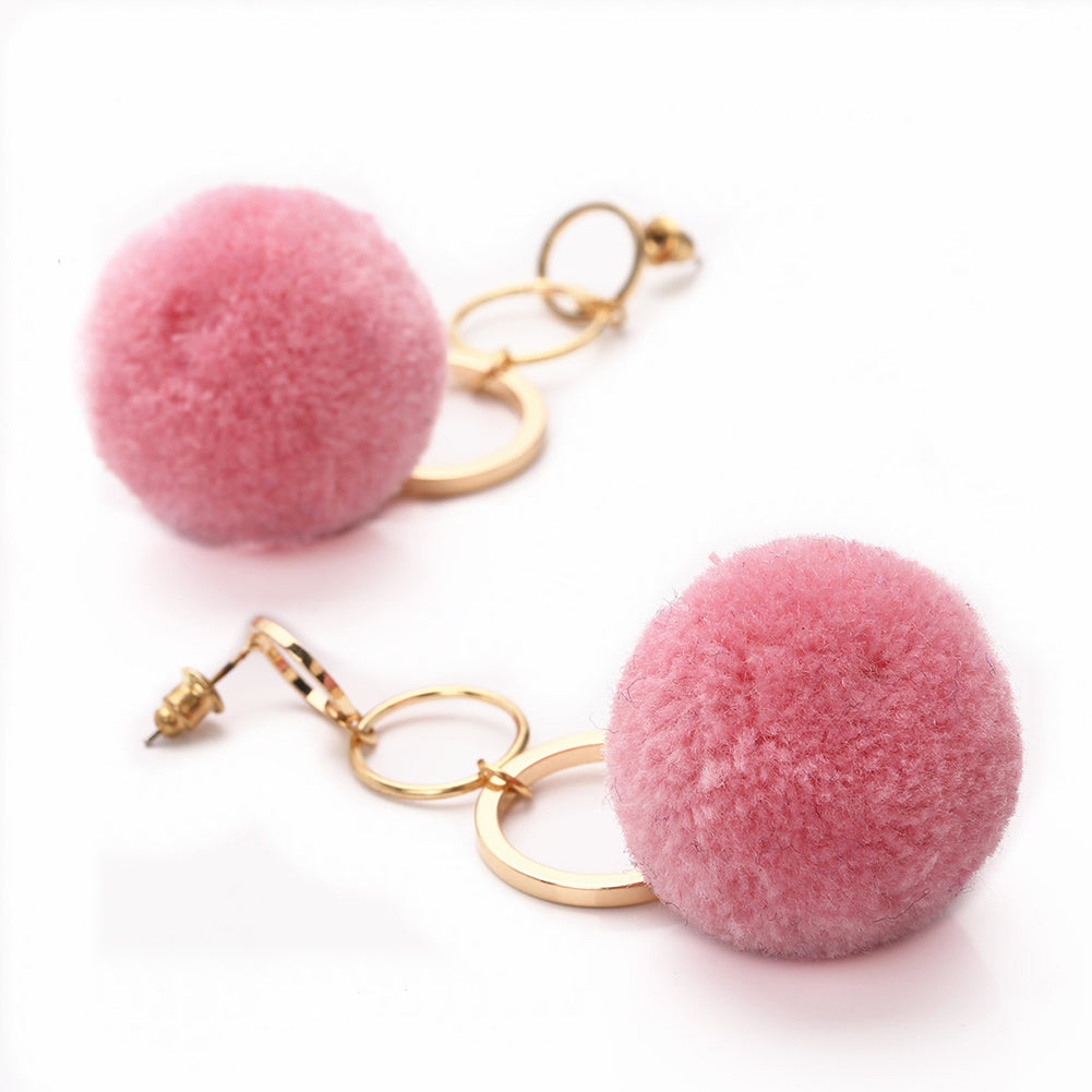 Women Fashion Copper Circles Polyester Plush Ball Long Dangle Earrings Eardrops