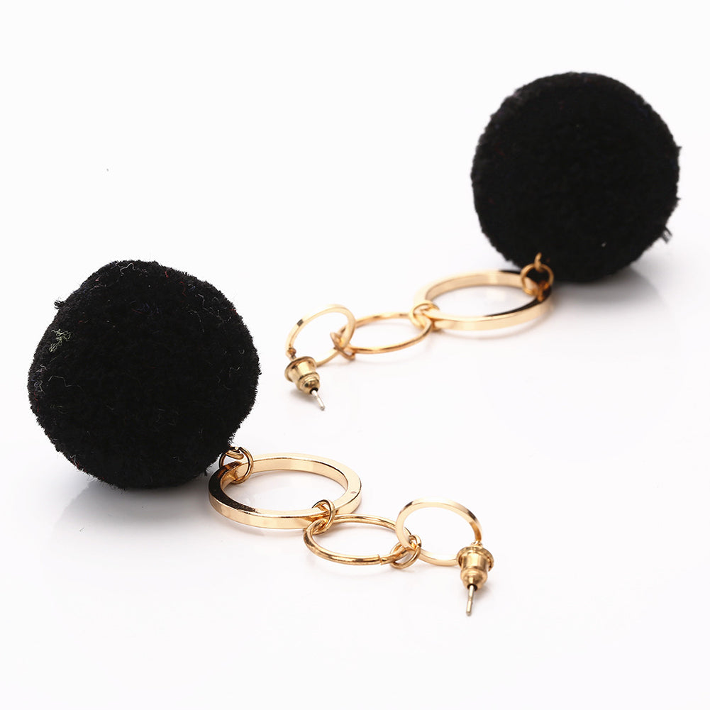 Women Fashion Copper Circles Polyester Plush Ball Long Dangle Earrings Eardrops