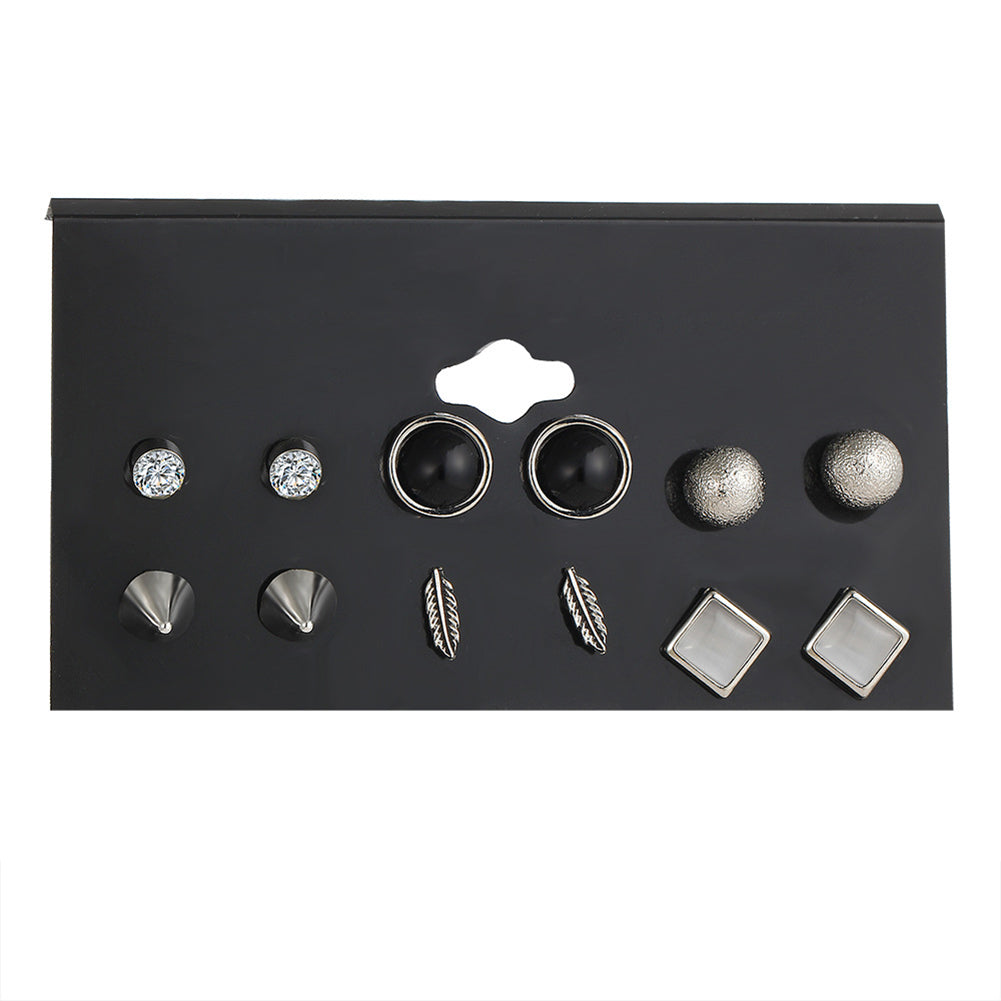 6 Pairs/Set Fashion Rivet Ball Rhinestone Feather Stud Earring Lady Punk Jewelry