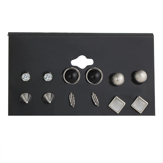 6 Pairs/Set Fashion Rivet Ball Rhinestone Feather Stud Earring Lady Punk Jewelry