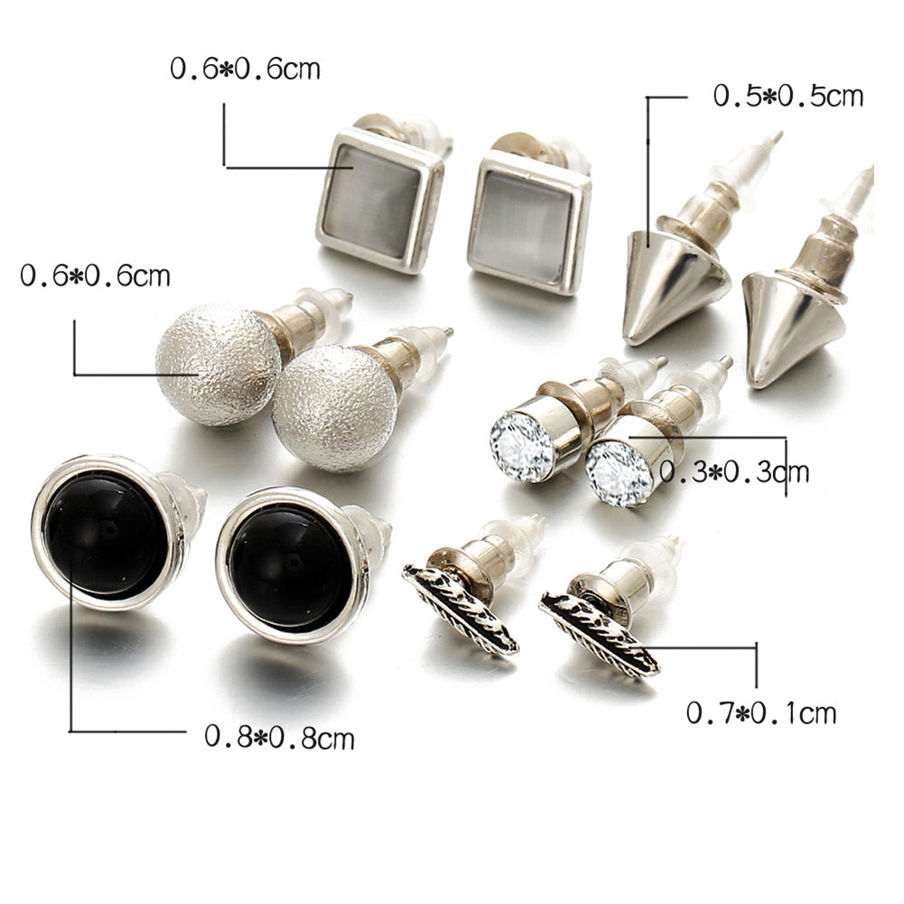6 Pairs/Set Fashion Rivet Ball Rhinestone Feather Stud Earring Lady Punk Jewelry