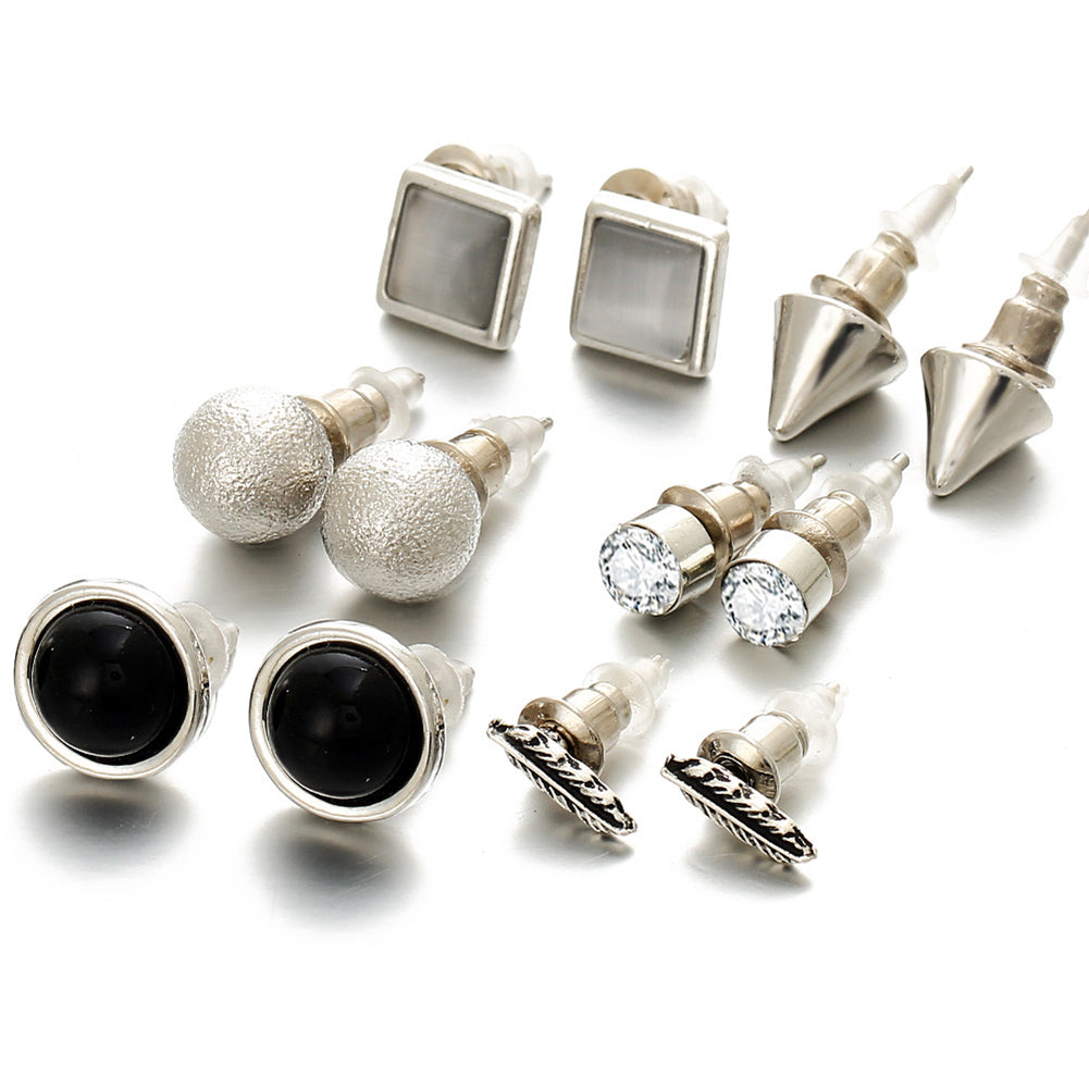 6 Pairs/Set Fashion Rivet Ball Rhinestone Feather Stud Earring Lady Punk Jewelry