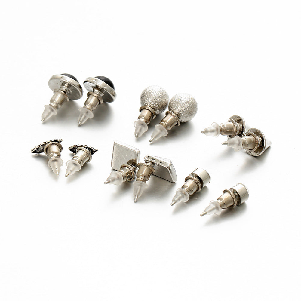 6 Pairs/Set Fashion Rivet Ball Rhinestone Feather Stud Earring Lady Punk Jewelry