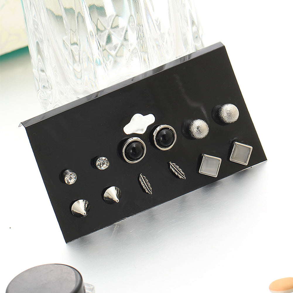 6 Pairs/Set Fashion Rivet Ball Rhinestone Feather Stud Earring Lady Punk Jewelry