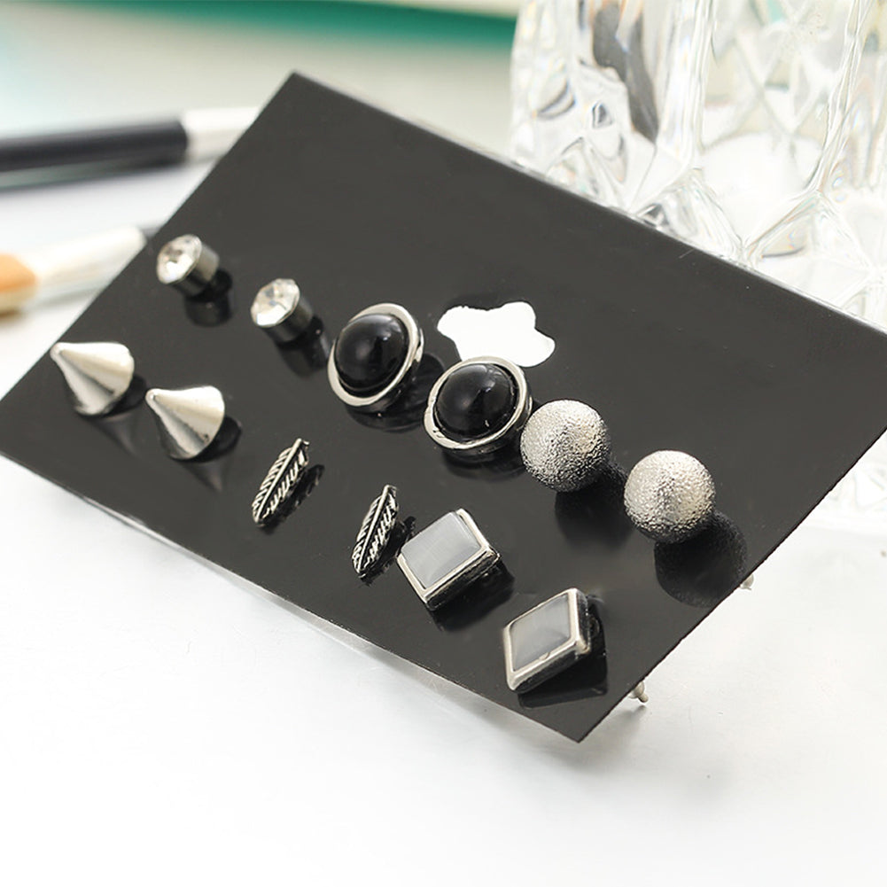 6 Pairs/Set Fashion Rivet Ball Rhinestone Feather Stud Earring Lady Punk Jewelry