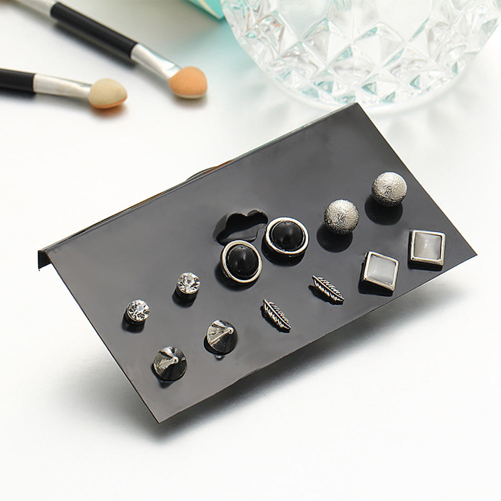 6 Pairs/Set Fashion Rivet Ball Rhinestone Feather Stud Earring Lady Punk Jewelry