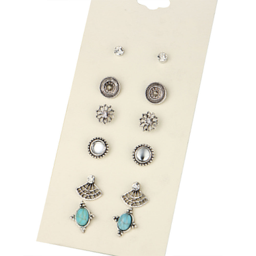 6 Pairs Women Vintage Rhinestone Turquoise Fan Flower Shape Ear Stud Earrings