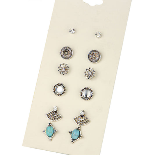 6 Pairs Women Vintage Rhinestone Turquoise Fan Flower Shape Ear Stud Earrings