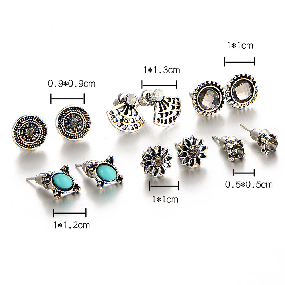 6 Pairs Women Vintage Rhinestone Turquoise Fan Flower Shape Ear Stud Earrings