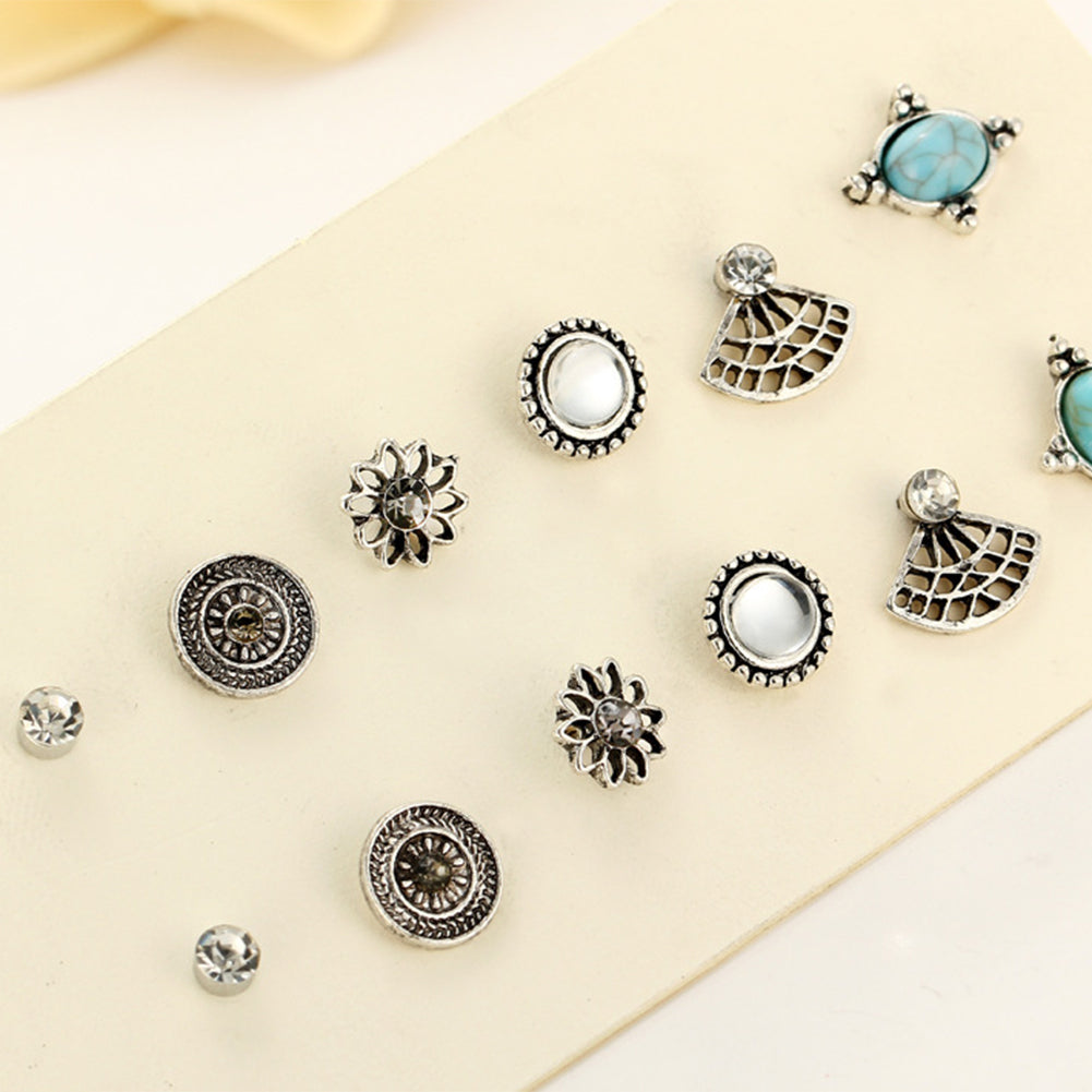 6 Pairs Women Vintage Rhinestone Turquoise Fan Flower Shape Ear Stud Earrings