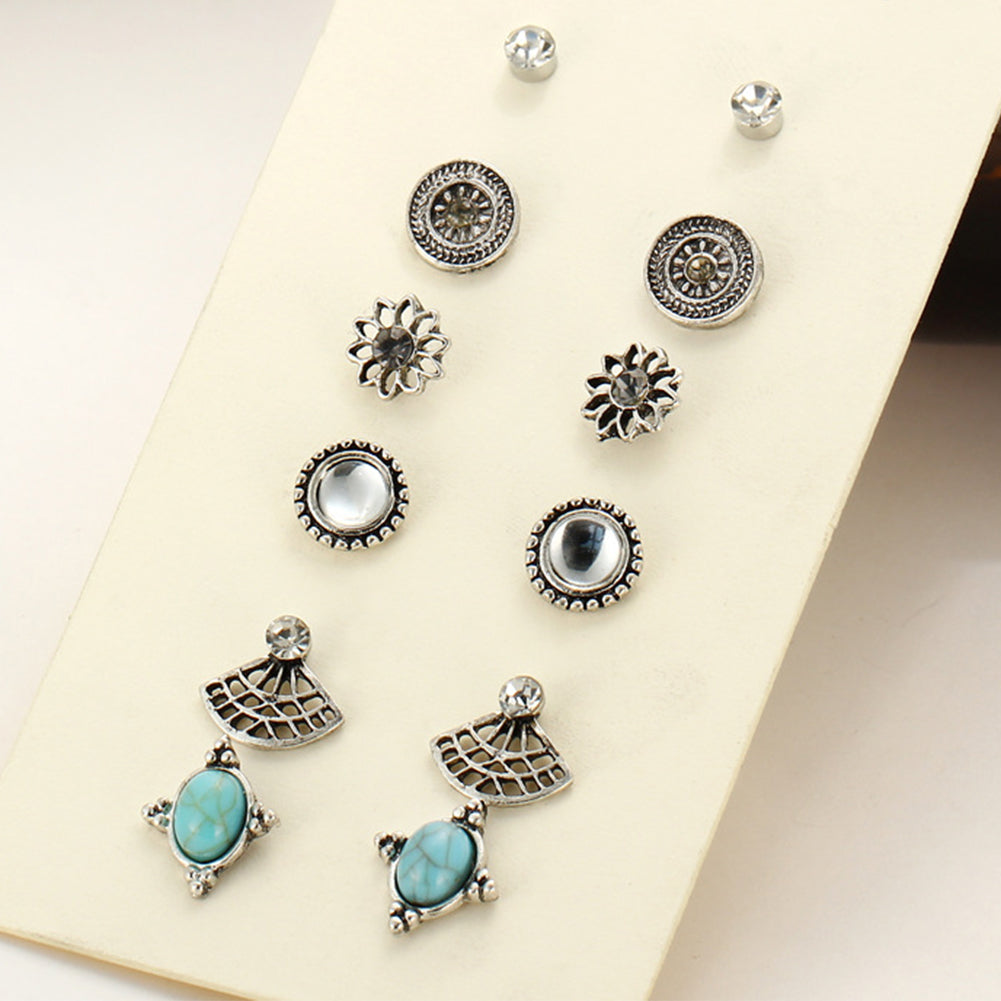 6 Pairs Women Vintage Rhinestone Turquoise Fan Flower Shape Ear Stud Earrings