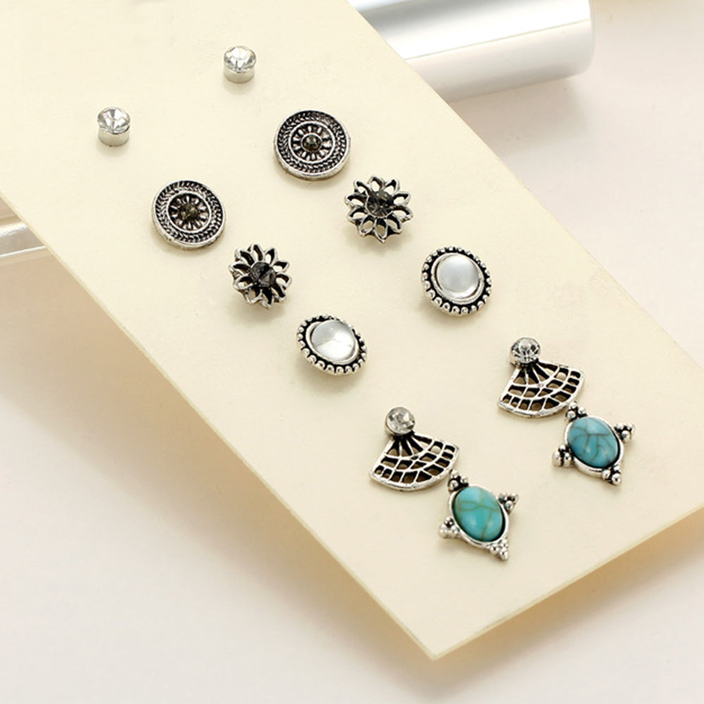 6 Pairs Women Vintage Rhinestone Turquoise Fan Flower Shape Ear Stud Earrings