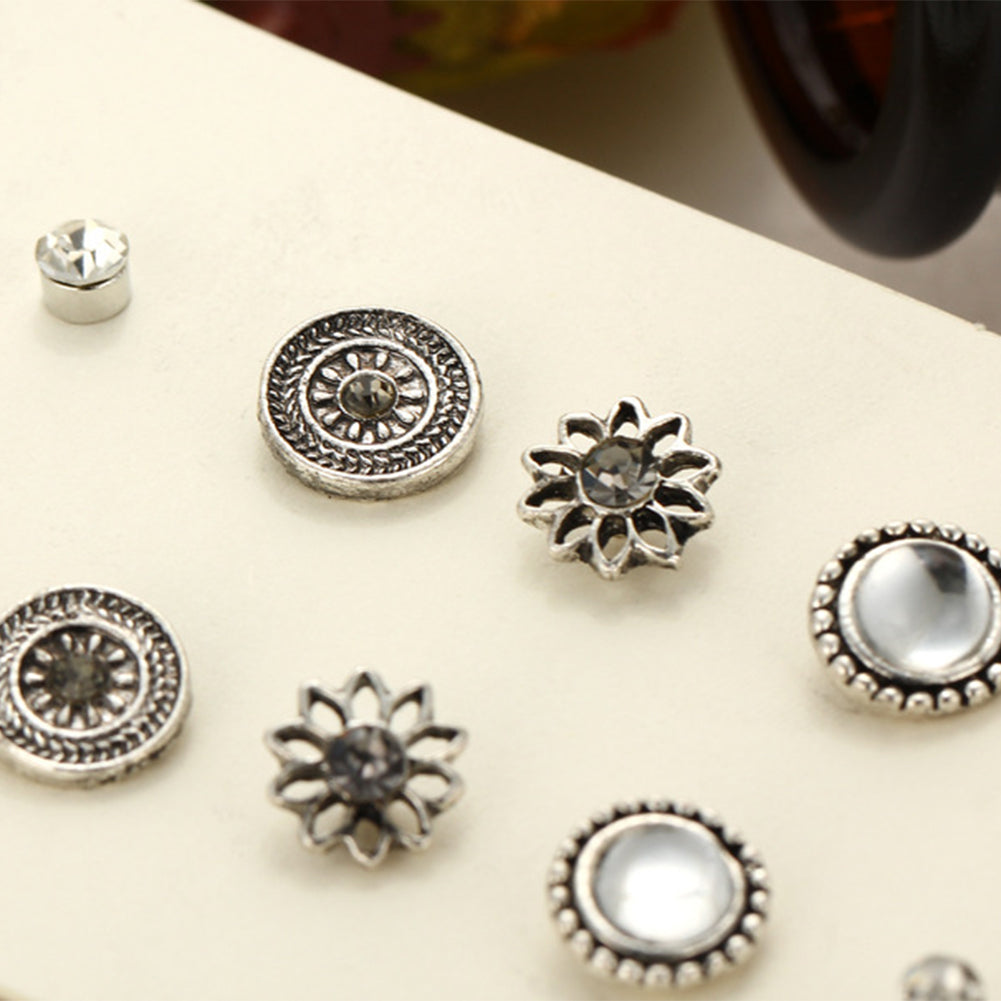 6 Pairs Women Vintage Rhinestone Turquoise Fan Flower Shape Ear Stud Earrings