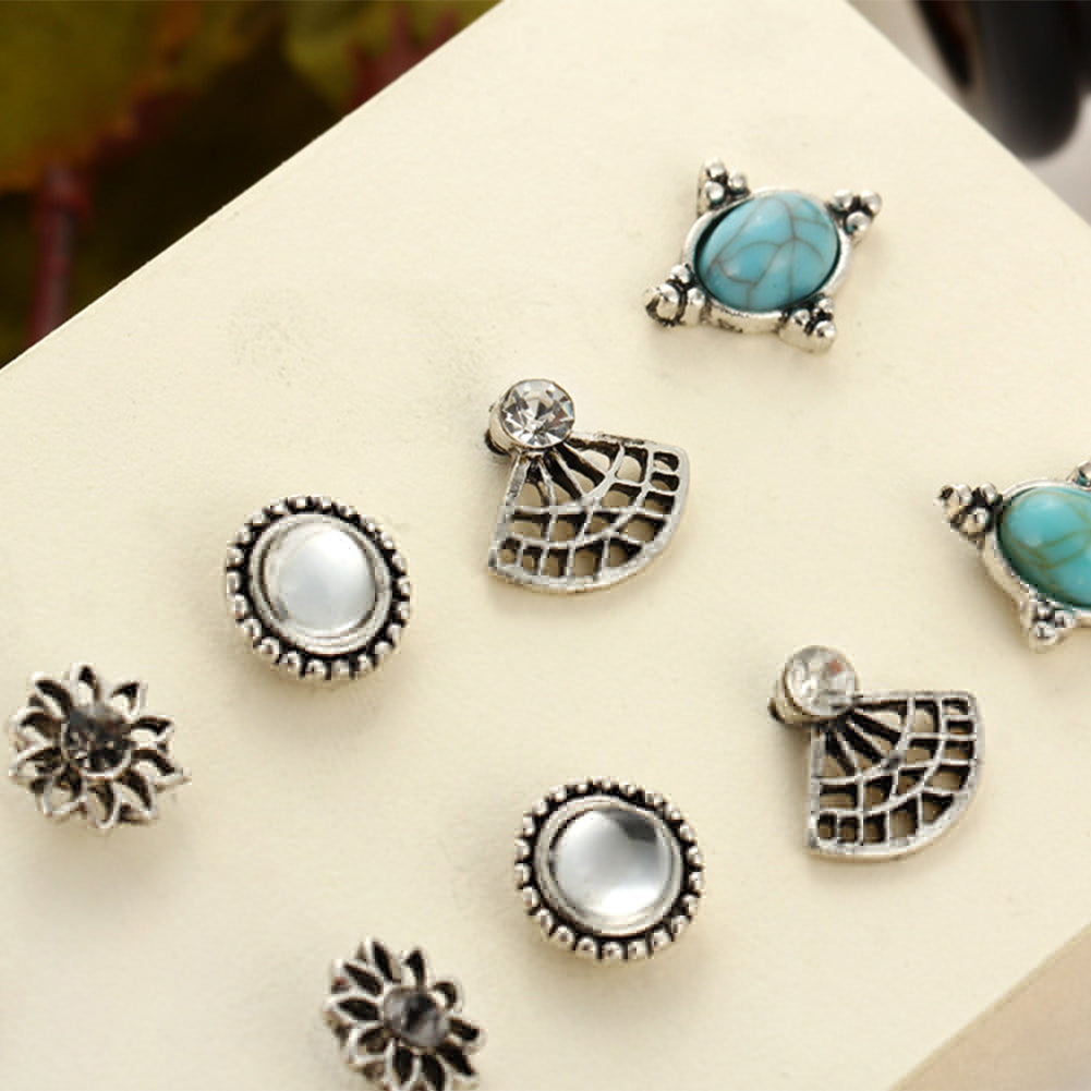 6 Pairs Women Vintage Rhinestone Turquoise Fan Flower Shape Ear Stud Earrings
