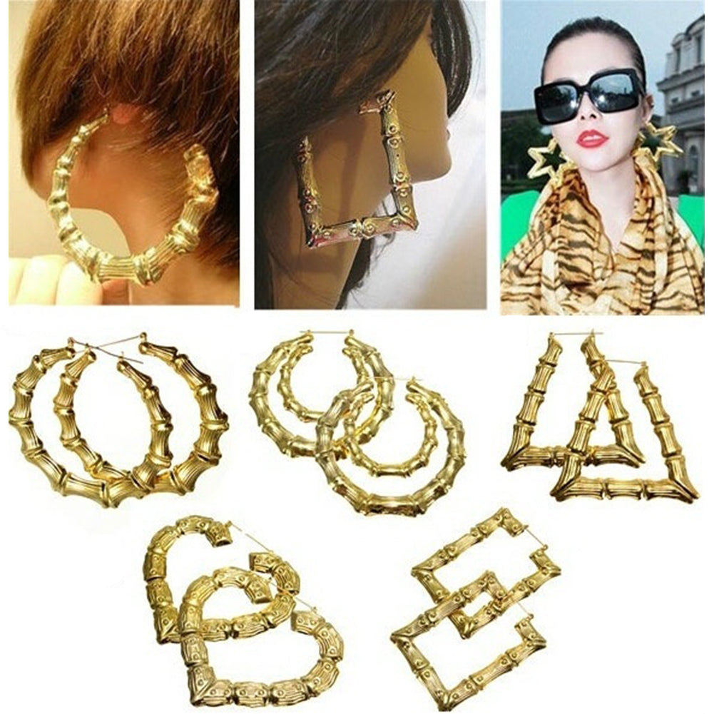 Punk Large Bamboo Joint Hoop Earrings Hip-Hop Gold Tone Ladies Big Circle Hoops