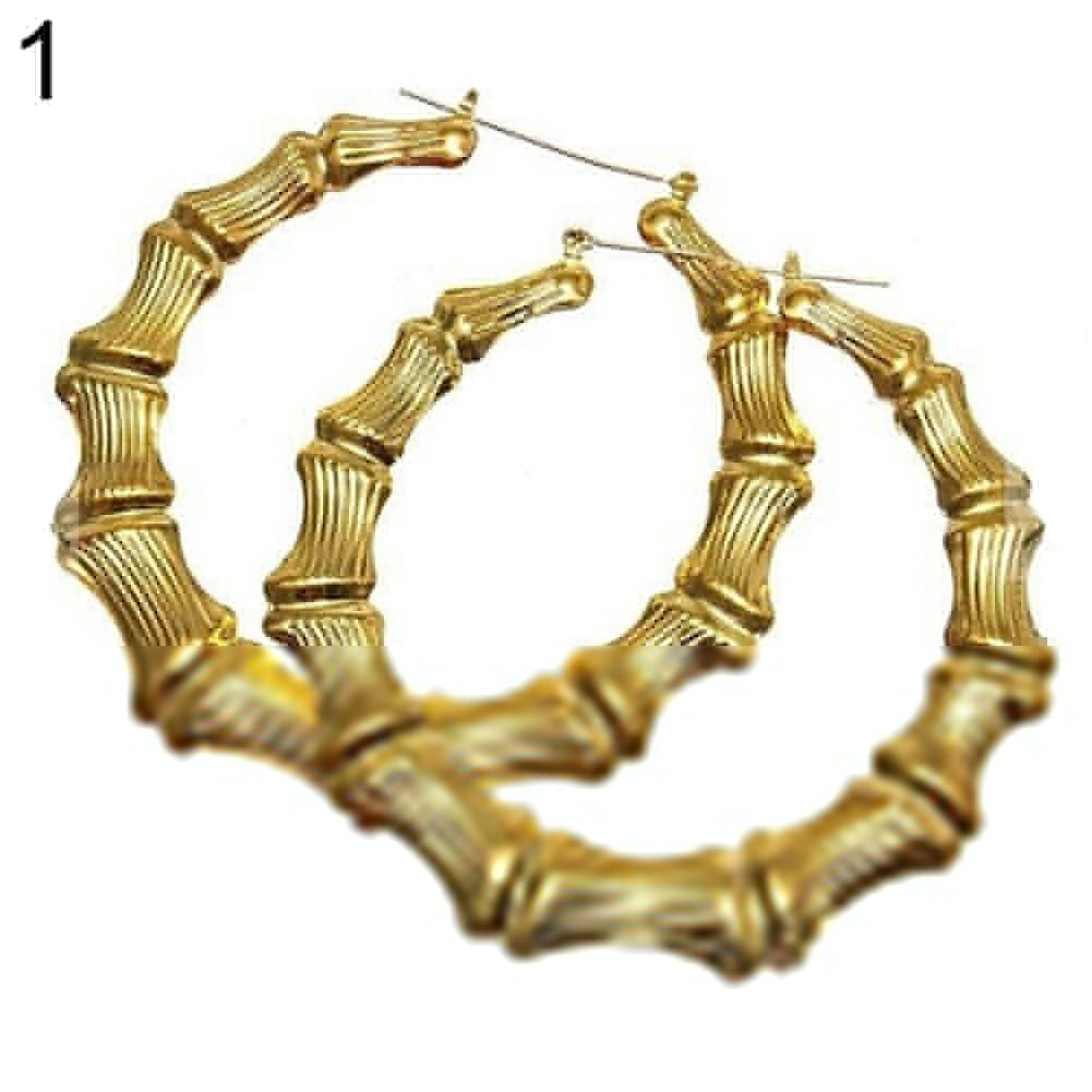 Punk Large Bamboo Joint Hoop Earrings Hip-Hop Gold Tone Ladies Big Circle Hoops
