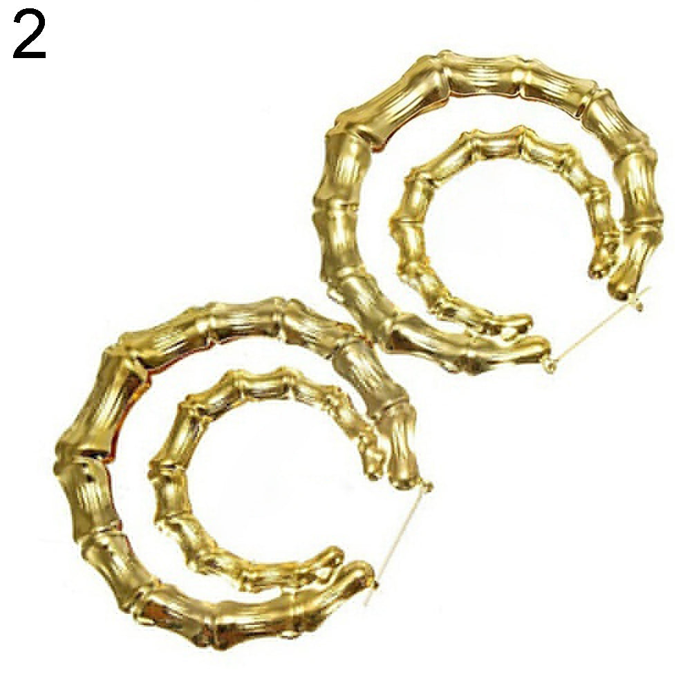 Punk Large Bamboo Joint Hoop Earrings Hip-Hop Gold Tone Ladies Big Circle Hoops