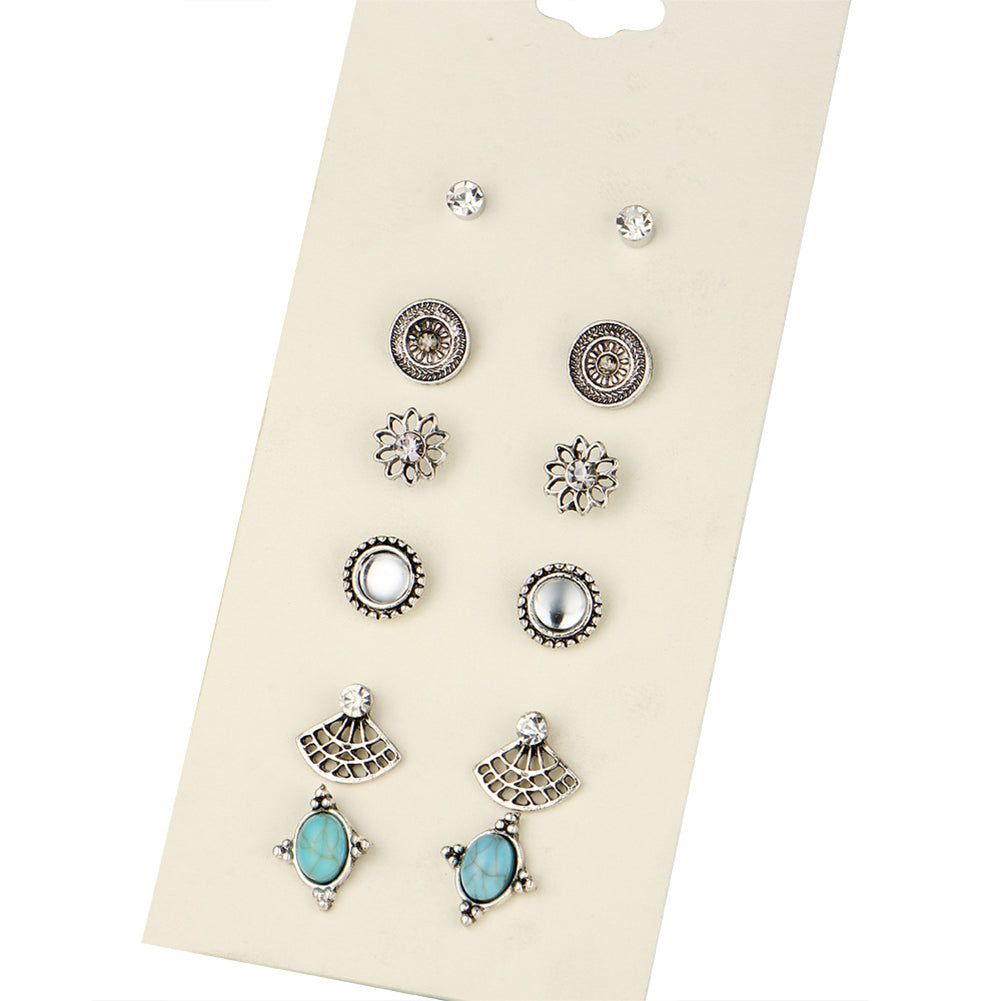 6 Pairs Women Vintage Rhinestone Turquoise Fan Flower Shape Ear Stud Earrings
