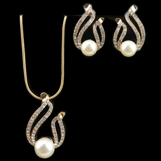 Faux Pearl Water Drop Charm Pendant Earrings Necklace Socialite Lady Jewelry Set