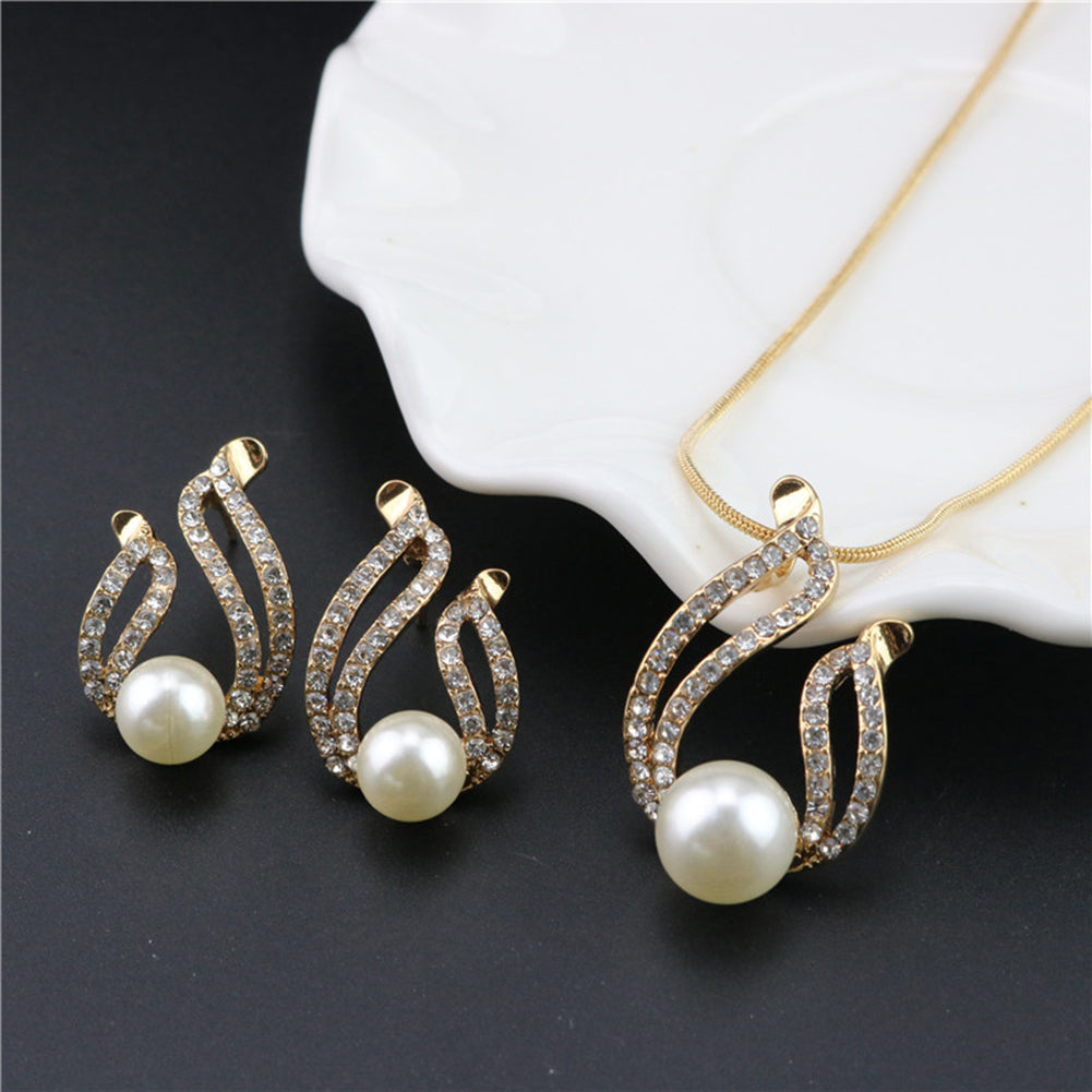 Faux Pearl Water Drop Charm Pendant Earrings Necklace Socialite Lady Jewelry Set