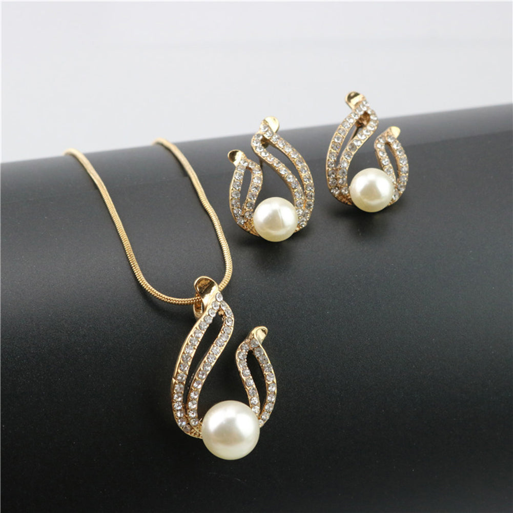 Faux Pearl Water Drop Charm Pendant Earrings Necklace Socialite Lady Jewelry Set