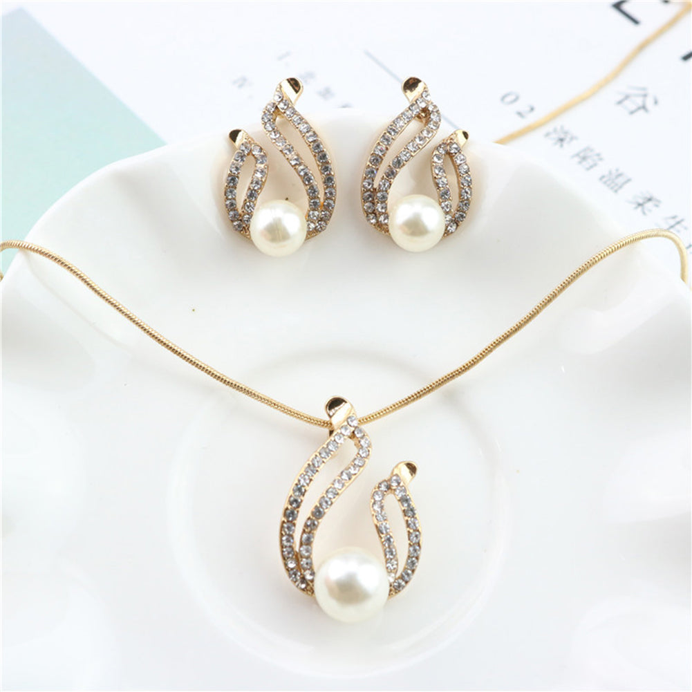 Faux Pearl Water Drop Charm Pendant Earrings Necklace Socialite Lady Jewelry Set