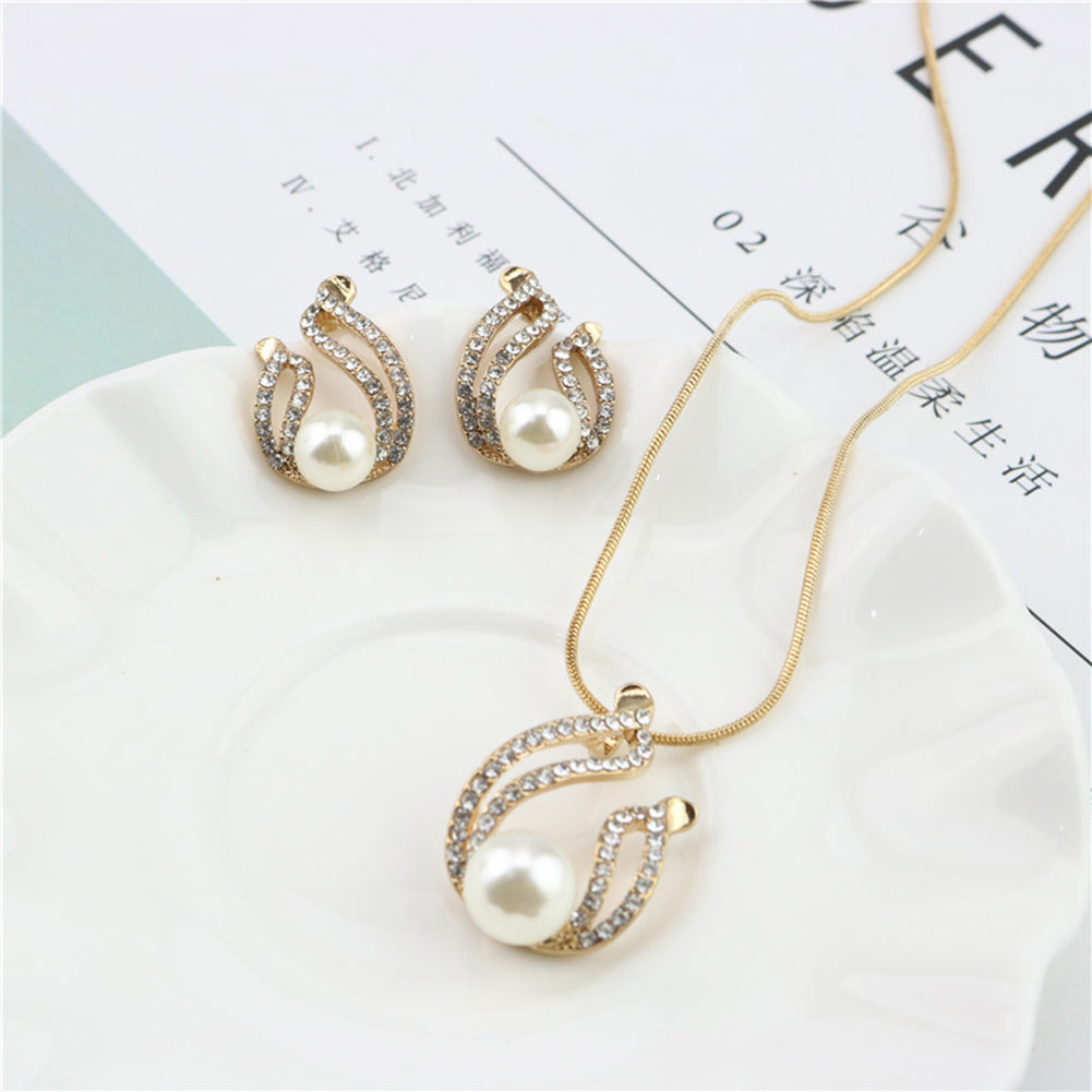 Faux Pearl Water Drop Charm Pendant Earrings Necklace Socialite Lady Jewelry Set