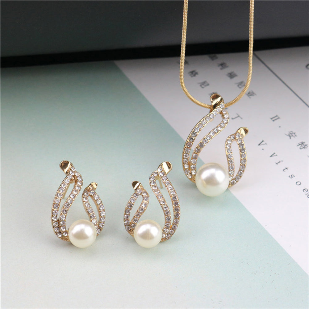 Faux Pearl Water Drop Charm Pendant Earrings Necklace Socialite Lady Jewelry Set