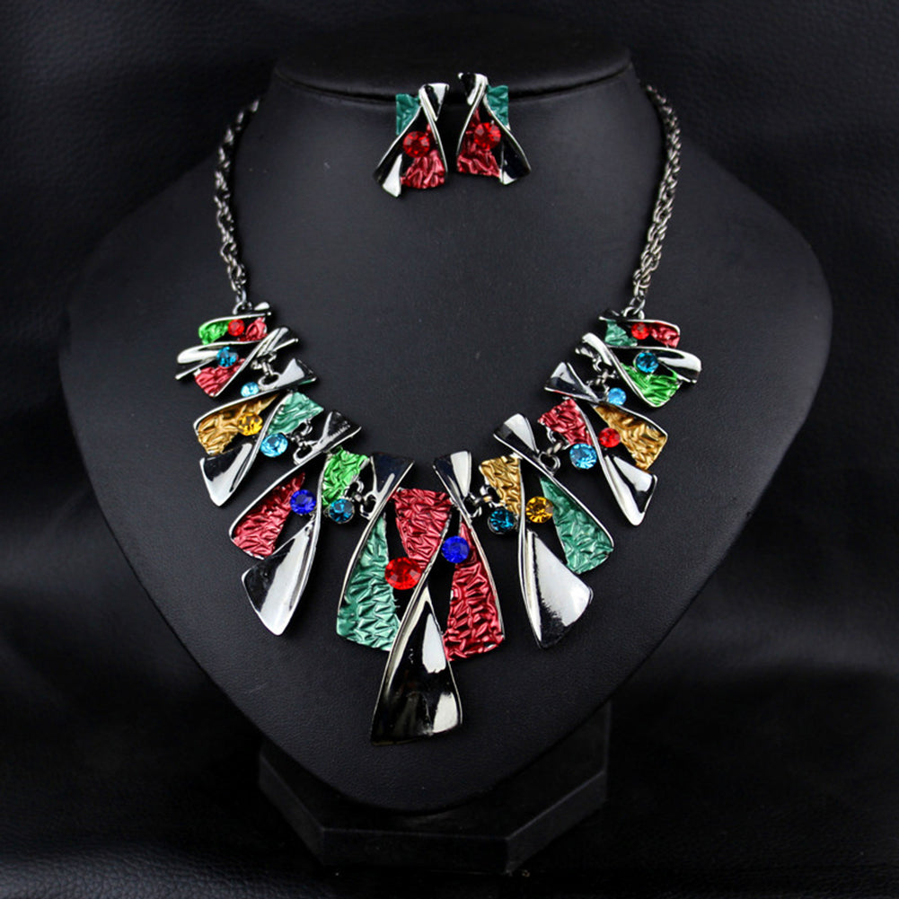 Retro Twist Geometric Statement Women Choker Necklace Earring Bridal Jewelry Set