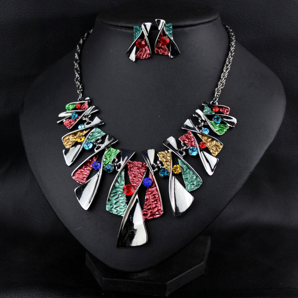 Retro Twist Geometric Statement Women Choker Necklace Earring Bridal Jewelry Set