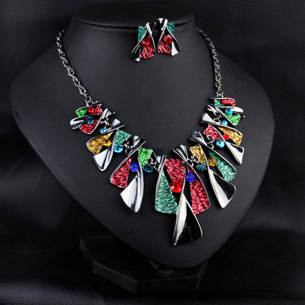 Retro Twist Geometric Statement Women Choker Necklace Earring Bridal Jewelry Set