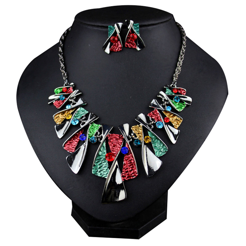 Retro Twist Geometric Statement Women Choker Necklace Earring Bridal Jewelry Set