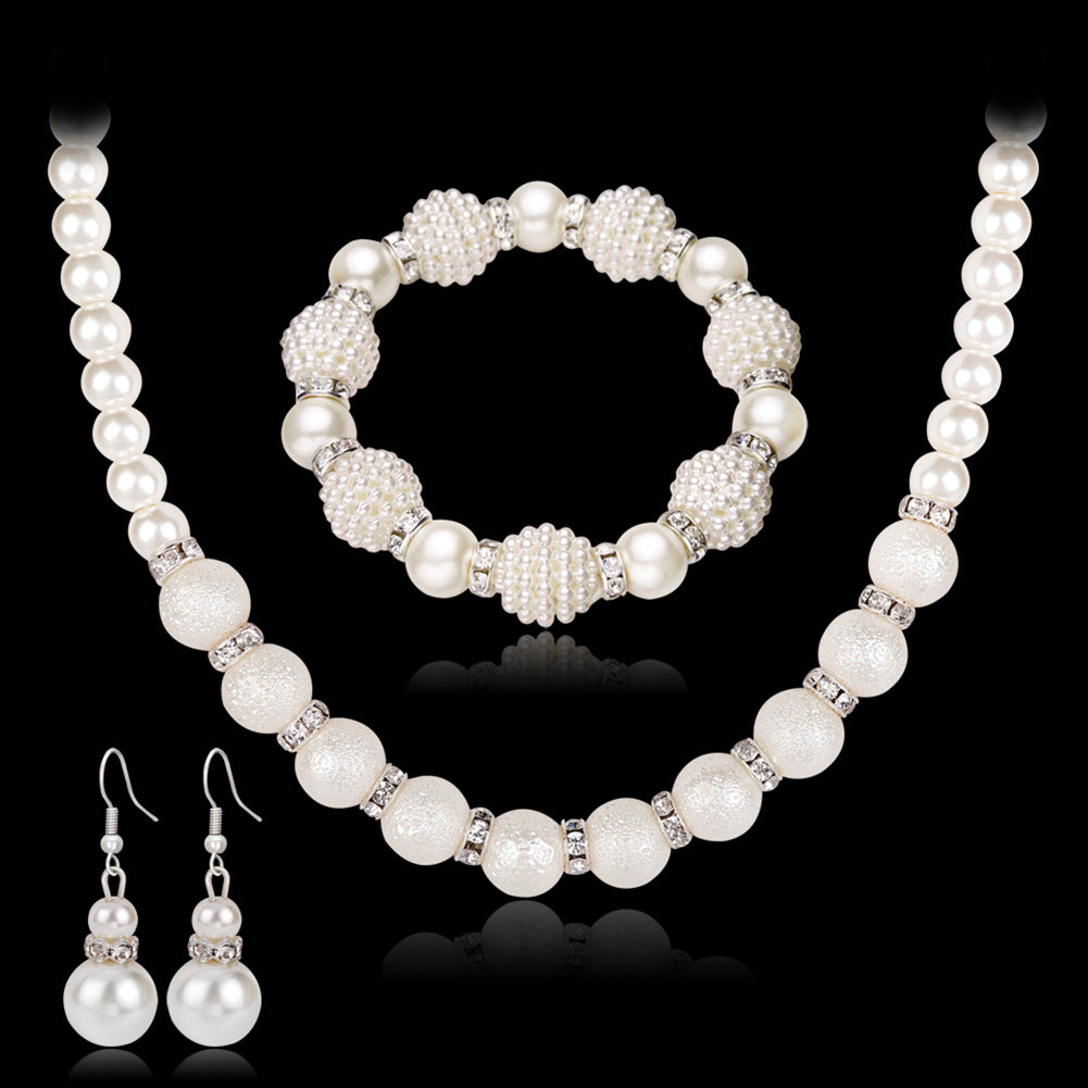 Women's Scrub Faux Pearl Beaded Necklace Bracelet Hook Earrings Jewelry Set