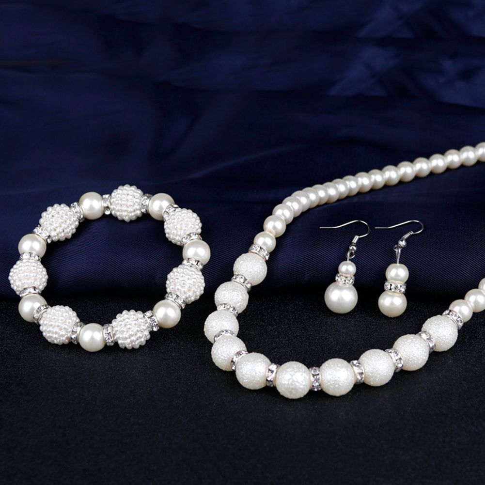 Women's Scrub Faux Pearl Beaded Necklace Bracelet Hook Earrings Jewelry Set