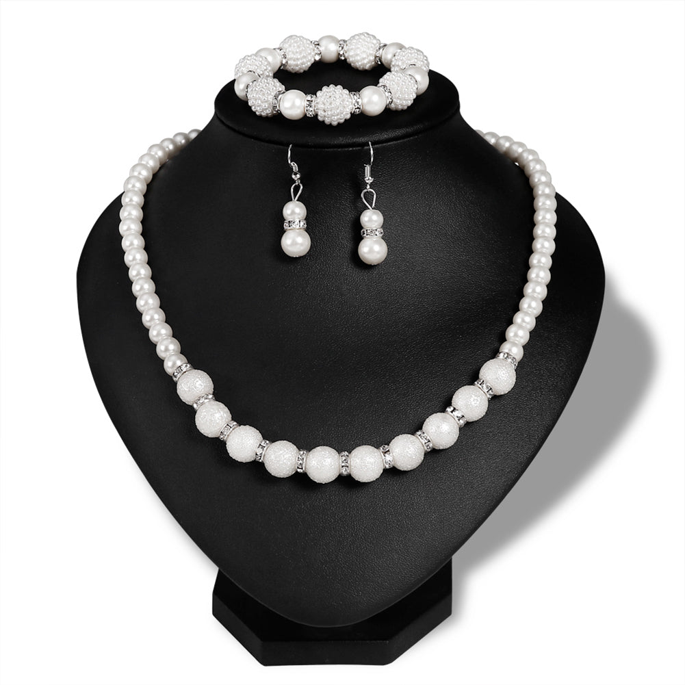 Women's Scrub Faux Pearl Beaded Necklace Bracelet Hook Earrings Jewelry Set