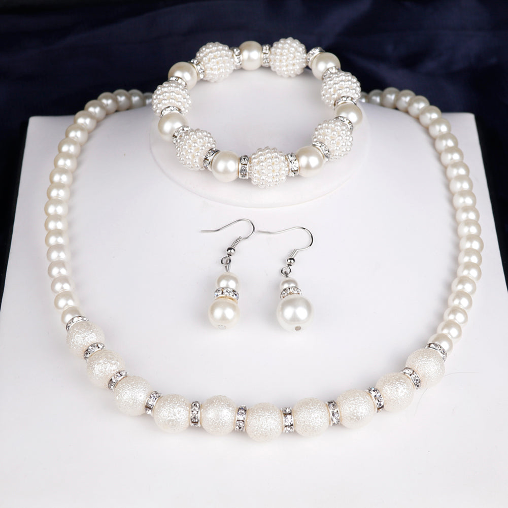 Women's Scrub Faux Pearl Beaded Necklace Bracelet Hook Earrings Jewelry Set