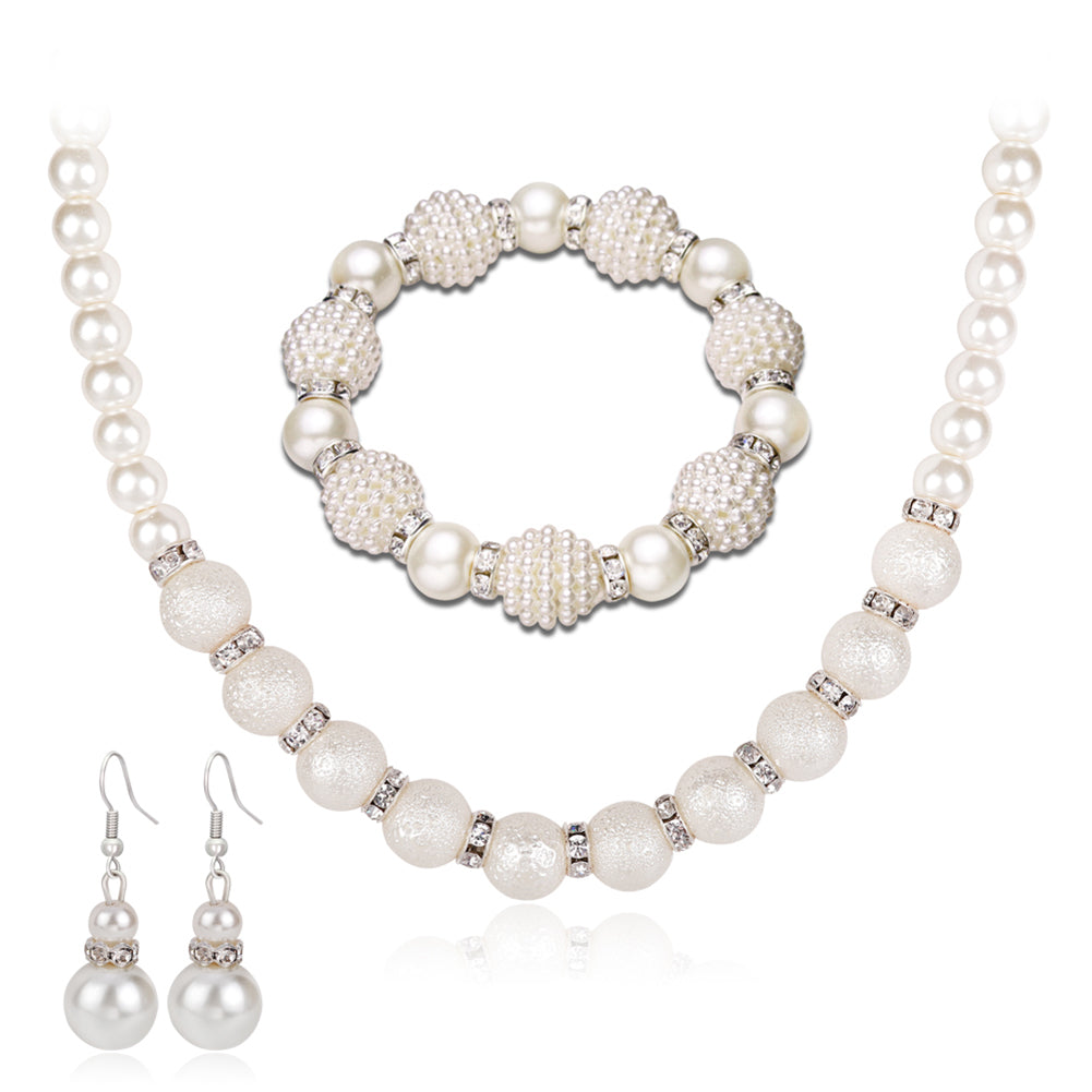 Women's Scrub Faux Pearl Beaded Necklace Bracelet Hook Earrings Jewelry Set